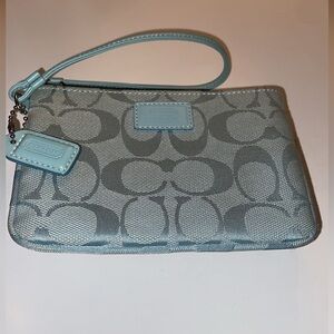 Coach Mini Skinny Wristlet Coin Purse in light aqua logo cloth New NWOT